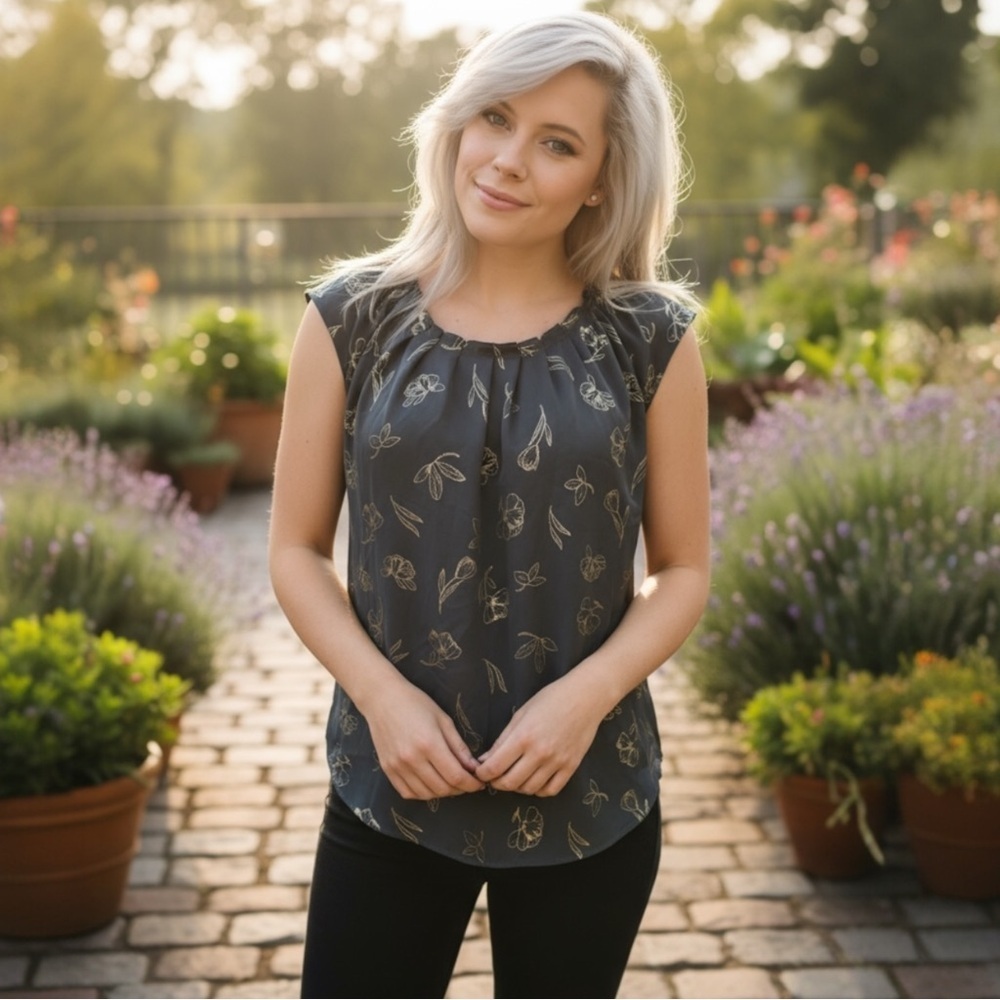LC Lauren Conrad Gray & Metallic Gold Floral Blouse NWOT S